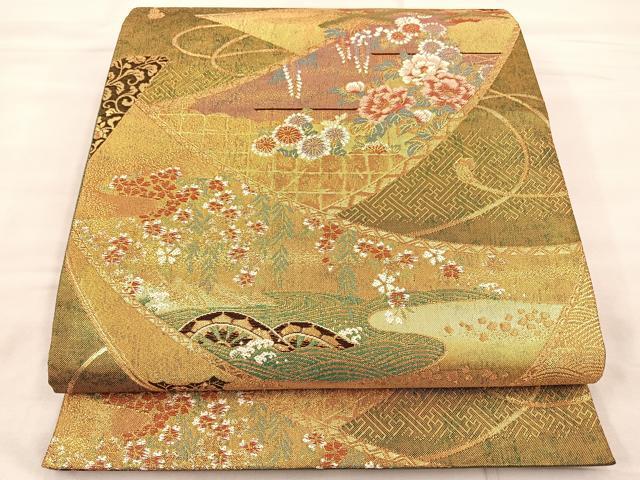 平和屋着物◎六通柄袋帯 唐織 草花絵巻 金糸 正絹 逸品 BAAT0468yt