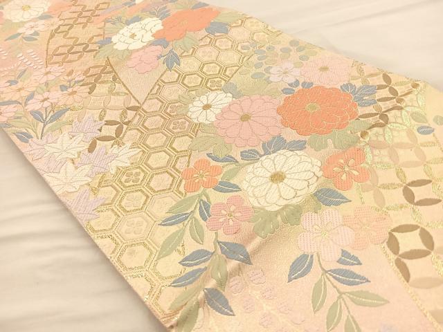 平和屋着物◎六通柄袋帯 作家物 草花文 金糸 正絹 逸品 BAAR1628if