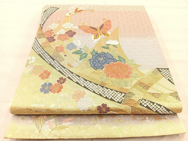 平和屋着物◎六通柄袋帯 唐織 花蝶文 金糸 正絹 逸品 BAAT1815if