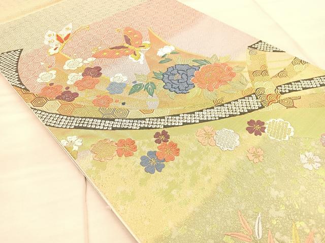 平和屋着物◎六通柄袋帯 唐織 花蝶文 金糸 正絹 逸品 BAAT1815if