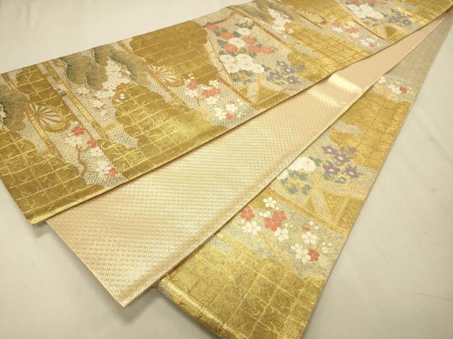 平和屋着物◎佐賀錦 六通柄袋帯 屏風草花文 金糸 正絹 逸品 CAAS7647ua