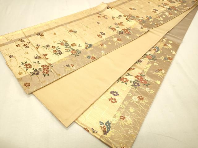 平和屋着物◎六通柄袋帯 唐織 花蝶間道 金糸 正絹 逸品 CAAS7651ua