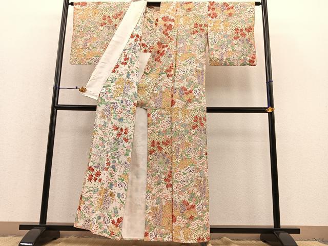 平和屋着物▽上質な小紋 単衣 牡丹花文 金彩 正絹 逸品 BAAT1120hv