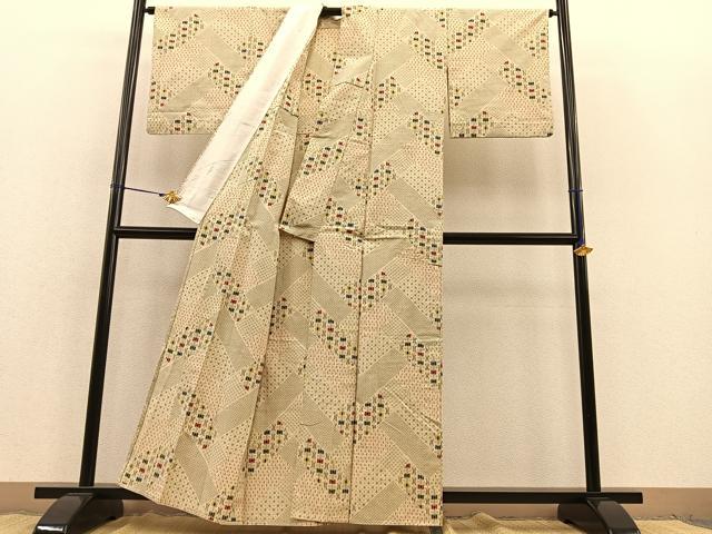 平和屋着物▽上質な紬 単衣 網代文様 正絹 逸品 BAAT1122hv