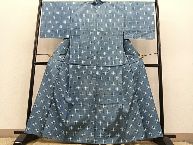 平和屋着物▽上質な紬 単衣 井桁絣 正絹 逸品 BAAT1128hv