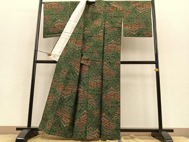 平和屋着物▽上質な紬 単衣 樹林風景文 やまと誂製 正絹 逸品 BAAT1162hv