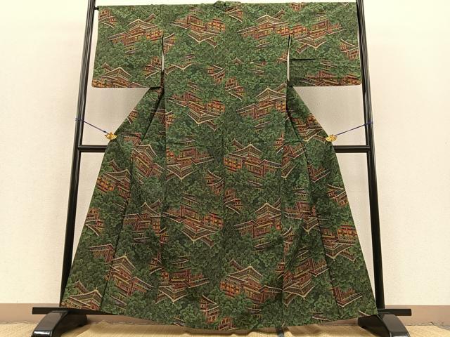 平和屋着物▽上質な紬 単衣 樹林風景文 やまと誂製 正絹 逸品 BAAT1162hv