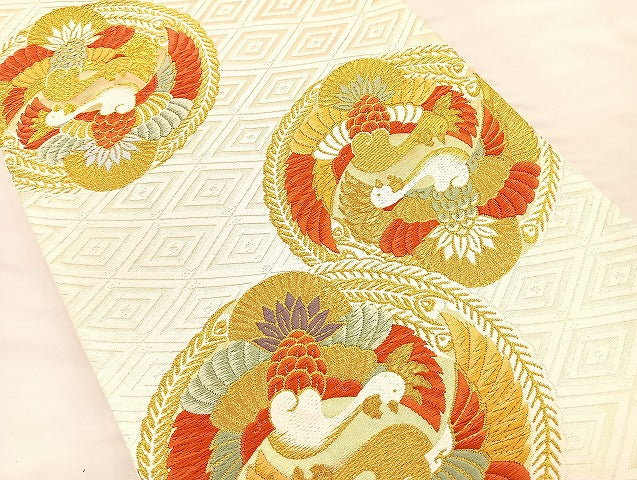 平和屋着物◎六通柄袋帯 唐織 双鳥丸文 金銀糸 正絹 逸品 BAAS5450bs