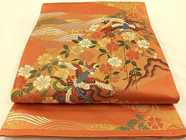 平和屋着物◎六通柄袋帯 唐織 尾長鳥花文 金糸 正絹 逸品 BAAS9423ow
