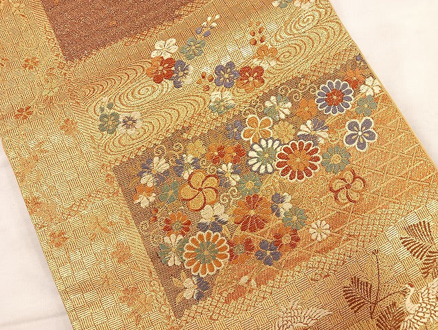 平和屋着物◎六通柄袋帯 横段花鳥文 金糸 正絹 逸品 BAAS4939wb