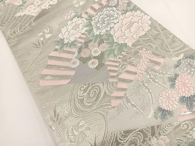 平和屋着物◎六通柄袋帯 唐織 九百錦 檜扇花鳥文 プラチナ二重箔 正絹 逸品 BAAT0486yt