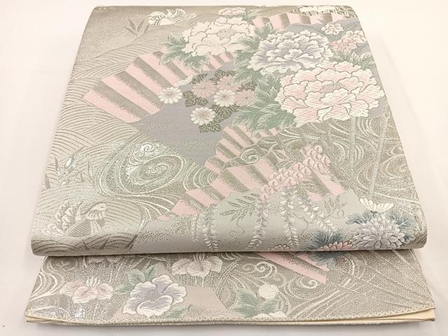 平和屋着物◎六通柄袋帯 唐織 九百錦 檜扇花鳥文 プラチナ二重箔 正絹 逸品 BAAT0486yt