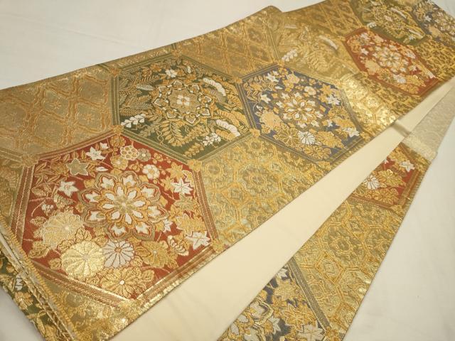 平和屋着物◎六通柄袋帯 寿宝錦 亀甲正倉院花文 金糸 正絹 逸品 AAAV3118sw