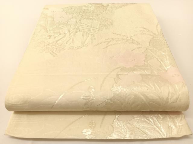 平和屋着物*夏物 六通柄袋帯 渡橋秋草文 銀糸 正絹 逸品 BAAT0699yc