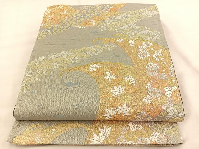 平和屋着物◎六通柄袋帯 立波草花文 金糸 正絹 逸品 BAAT2034ph
