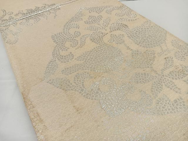 平和屋着物◎六通柄袋帯 向かい鳥花文 銀糸 正絹 逸品 BAAT2623ea