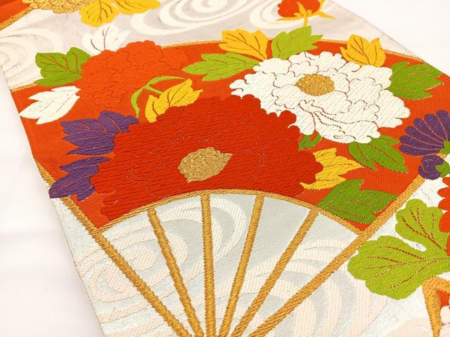 平和屋着物◎六通柄袋帯 唐織 扇面花文 金糸 正絹 逸品 BAAT2730ea