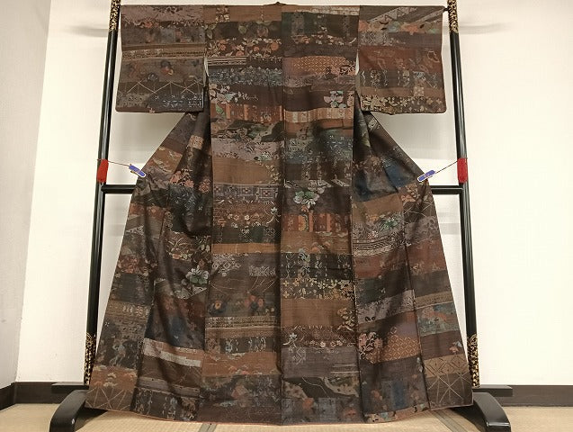 平和屋着物●本場小千谷紬 更紗横段花文 正絹 逸品 AAAU4216np