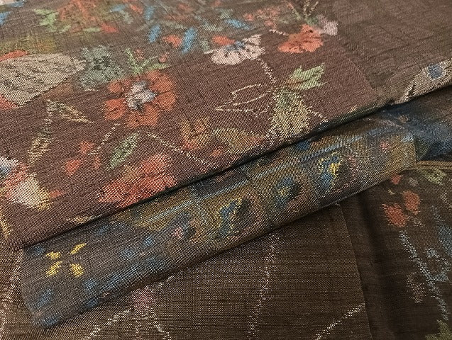平和屋着物●本場小千谷紬 更紗横段花文 正絹 逸品 AAAU4216np