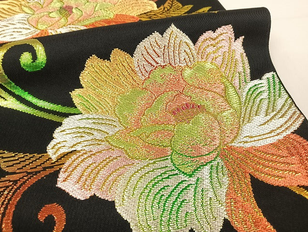 平和屋着物●六通柄 本袋帯 蔦唐花彩 黒地 金銀糸 正絹 逸品 AAAU4233np