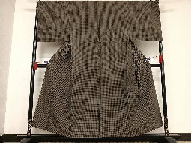 平和屋着物●極上 男性 黄八丈 紬 格子 キングサイズ 正絹 逸品 AAAU4267np