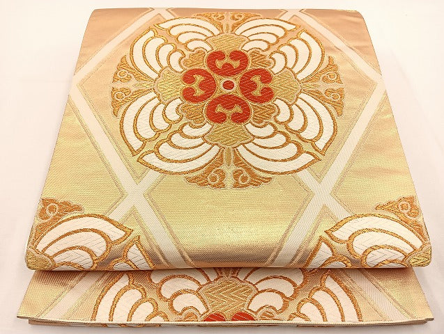平和屋着物◎六通柄袋帯 唐織 籠目花文 金糸 正絹 逸品 BAAT0600yt