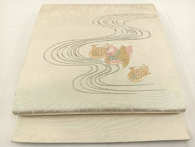 平和屋着物◎太鼓柄袋帯 総刺繍 流水鴛鴦文 金銀糸 引箔 鈴乃屋扱い 正絹 逸品 BAAT0598yt