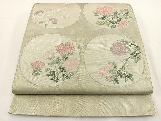 平和屋着物◎太鼓柄袋帯 花鳥丸文 銀糸 引箔 正絹 逸品 BAAT0597yt