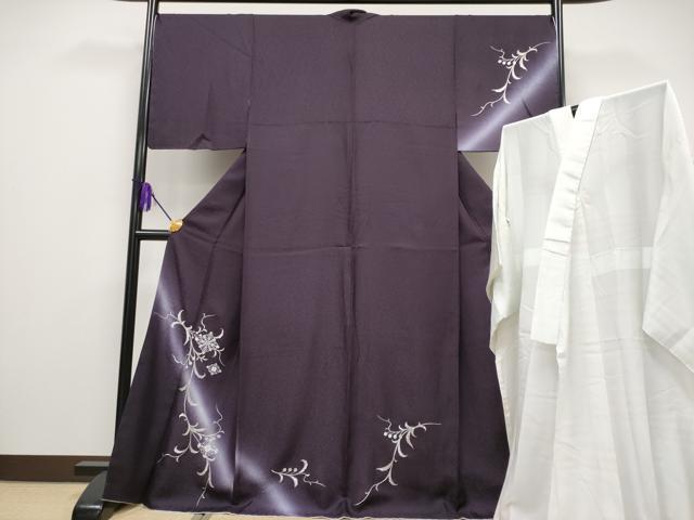 平和屋本店■極上 訪問着・長襦袢セット 総刺繍 花唐草菱文 暈し染め 銀糸 似せ紫色地 逸品 CYAA2796s5