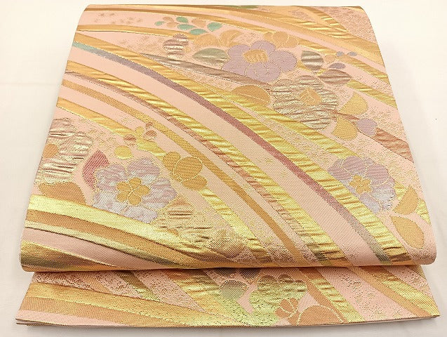 平和屋着物◎全通柄袋帯 流水椿 金糸 正絹 逸品 BAAT5447yt