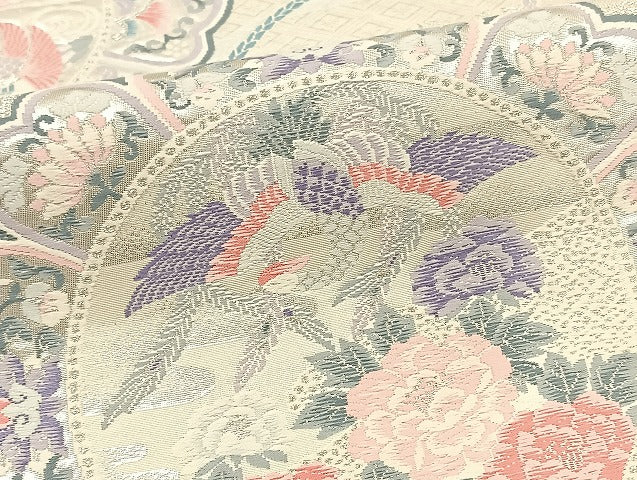 平和屋着物◎六通柄袋帯 唐織 花鳥文 銀糸 正絹 逸品 BAAT5493yt
