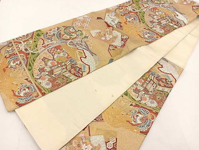 平和屋着物◎六通柄袋帯 唐織 御殿鼓 金糸 正絹 逸品 BAAT5509yt