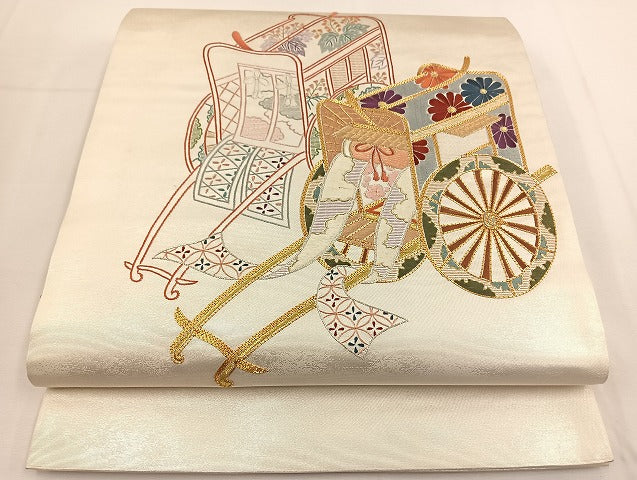 平和屋着物◎太鼓柄袋帯 総刺繍 駒刺繍 御所車花文 金銀糸 引箔 正絹 逸品 BAAT5505yt