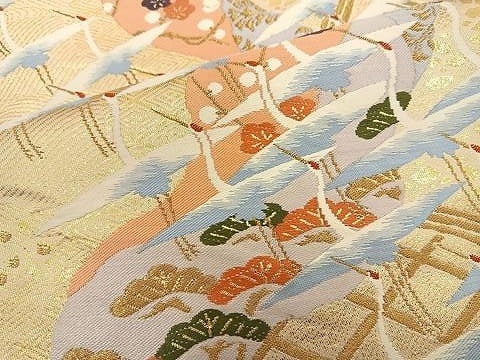 平和屋着物◎六通柄袋帯 唐織 群鶴 金糸 正絹 逸品 BAAR9717cm