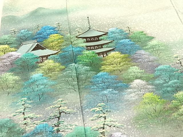 平和屋着物●訪問着 白山紬 作家物 手描き 朝露山景 暈し染め さが美扱い 反端付き 正絹 逸品 未使用 BAAT0799yc
