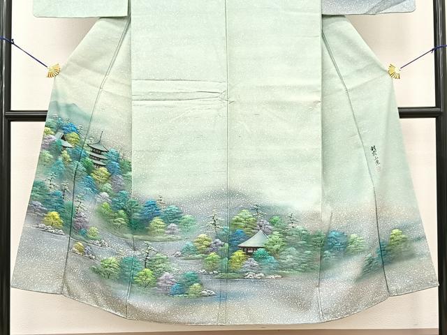 平和屋着物●訪問着 白山紬 作家物 手描き 朝露山景 暈し染め さが美扱い 反端付き 正絹 逸品 未使用 BAAT0799yc