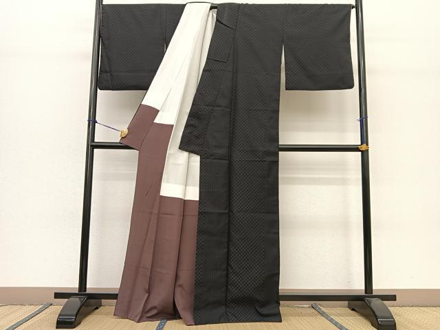 平和屋着物●上質なお召 縞 市松文様 黒地 正絹 逸品 AABH9585ck