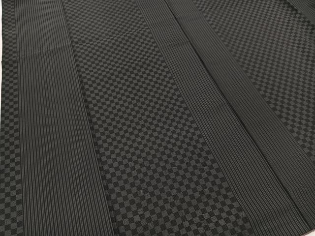 平和屋着物●上質なお召 縞 市松文様 黒地 正絹 逸品 AABH9585ck