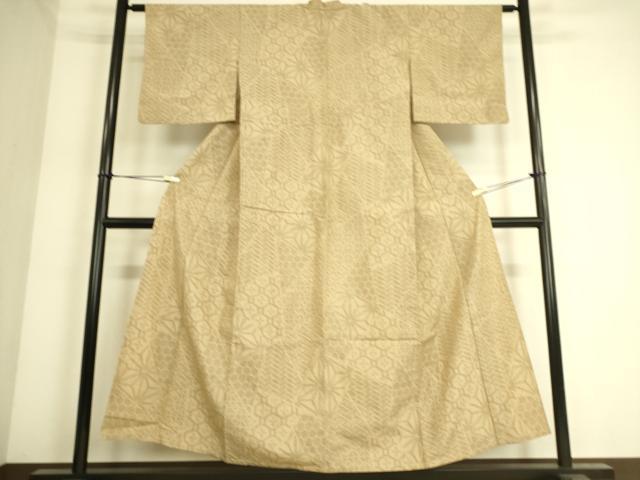 平和屋着物▽結城紬 単衣 切嵌麻の葉文 80亀甲 正絹 逸品 DAAS0438az