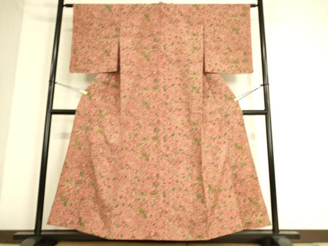 平和屋着物▽東京の老舗呉服問屋 菱一 小紋 紬地 単衣 古渡更紗 反端付き 正絹 逸品 未使用 DAAS0517az