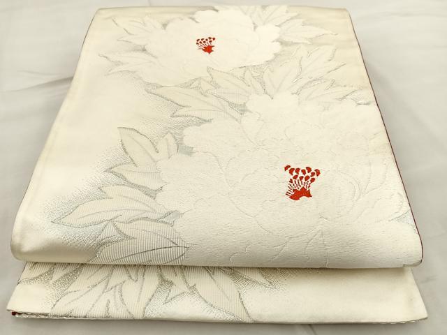 平和屋着物◎六通柄袋帯 唐織 草花文 銀糸 正絹 逸品 BAAT7049ph