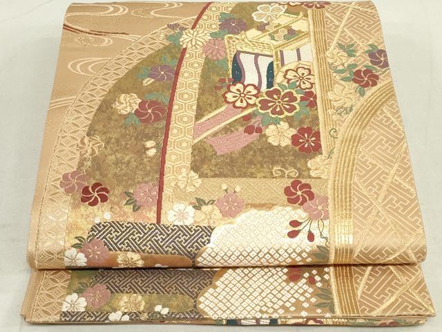平和屋着物◎六通柄袋帯 御所車花文 金糸 正絹 逸品 DAAS7220xg