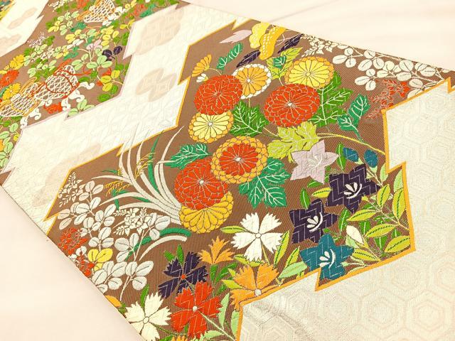 平和屋着物◎六通柄袋帯 唐織 草花文 銀糸 正絹 逸品 BAAT2117ph