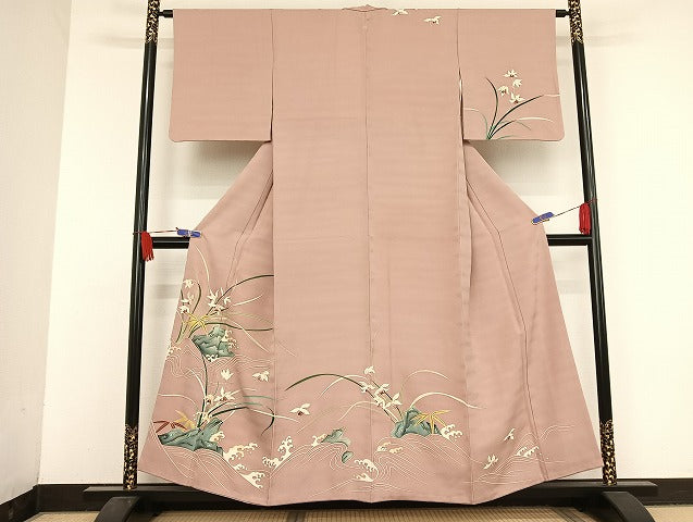 平和屋着物●染刺工芸 大羊居 東京友禅 訪問着 刺繍 立波草花文 金糸 金彩 正絹 逸品 AAAU4282np