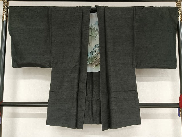 平和屋着物●男性 紬 羽織セット 着物:百入茶色 羽織:藍鉄色 正絹 逸品 AAAU4277np