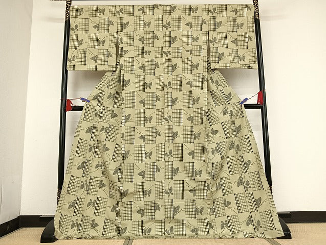 平和屋着物●上質な紬 舞蝶市松 正絹 逸品 AAAU4290np