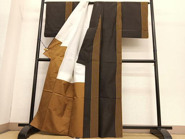 平和屋着物●本場黄八丈 黒八丈 平織 縞 黒地 正絹 逸品 BAAT3185hv