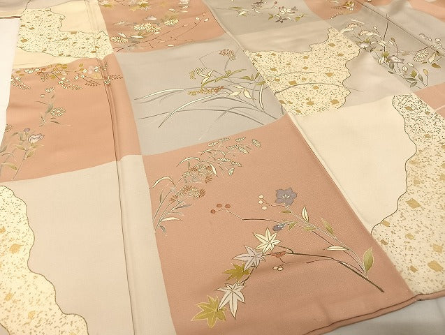 平和屋着物●創業460年・千總 小紋 駒刺繍 市松 草花 金糸 金彩 正絹 逸品 AAAU4309np