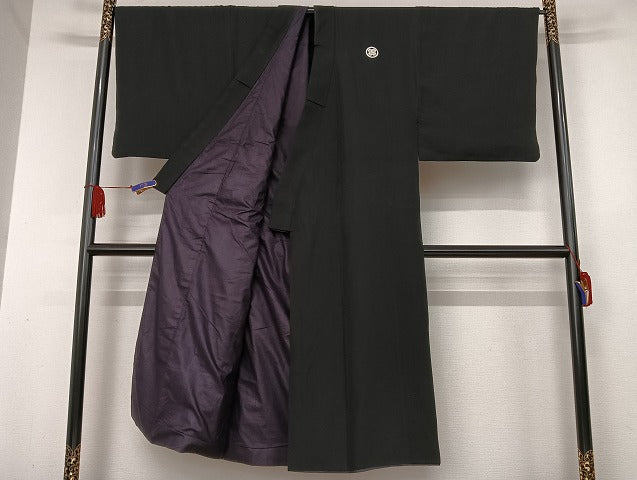 平和屋着物●男性 黒紋付 羽織セット キングサイズ 正絹 逸品 AAAU4340np