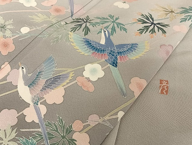 平和屋着物●十日町 加賀草木友禅の第一人者 田村哲彦 訪問着 梅松花鳥文 暈し染め 正絹 逸品 AAAU4358np